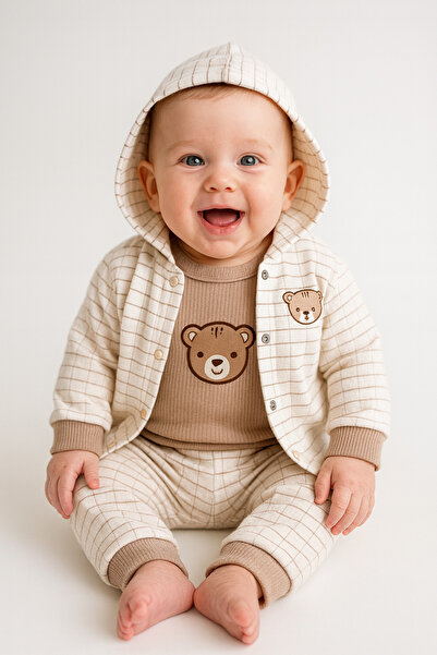 İZYALİF BABY Baby Boy 3-Piece Cardigan and Teddy Bear Set Cotton Long Sleeve