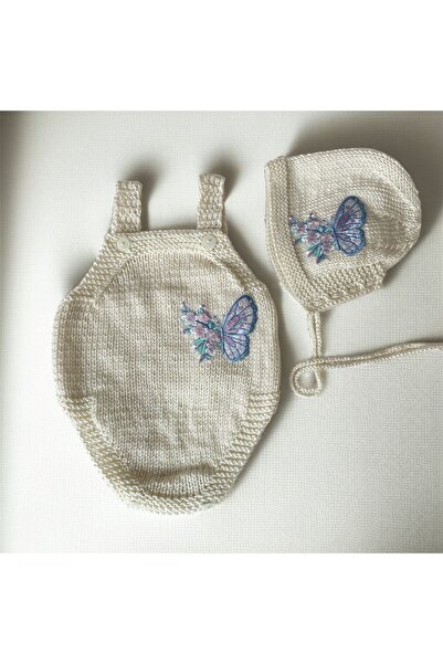 The Cloudish Shop Baby Hand-Knitted Romper Hat Set for Photo Shoot, Off-White Embroidered Sequin Butterfly Applique