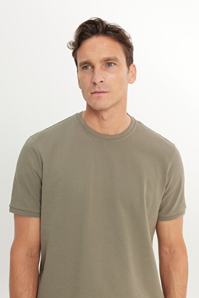 ALTINYILDIZ CLASSICS Men's Khaki 100% Cotton Slim Fit Slim Fit Crew Neck T-Shirt