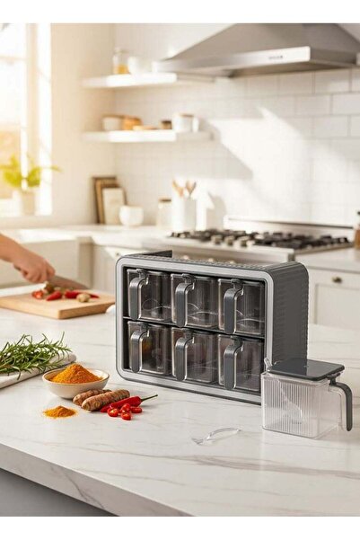 Baroness 6-Piece Plastic Spice Jars Set with Rack Grey/Black (Made in Turkey)