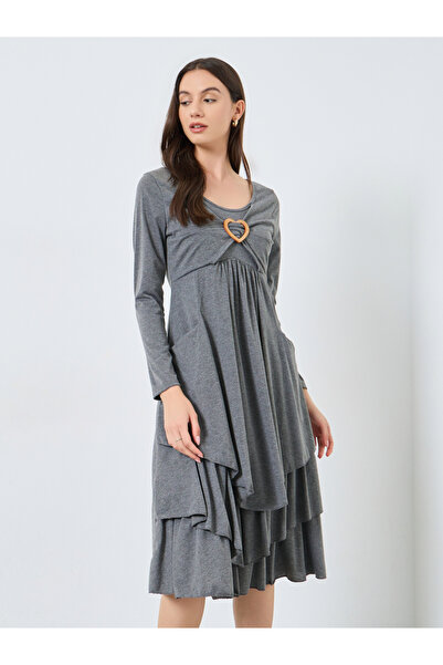 Take Two By Styli Grey Ruffled Hem Heart Metal Front Midi Dress