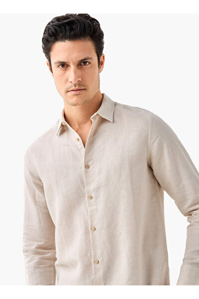 FAV Regular Fit Houndstooth Textured Linen Blend Shirt with Collar