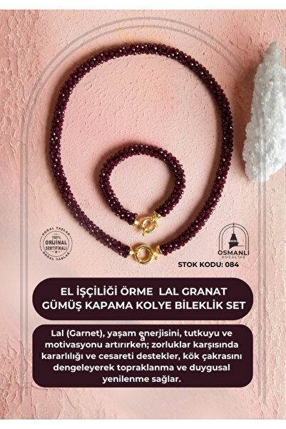OSMANLI DOĞAL TAŞ Certified Handcrafted Knitted Garnet Silver Plated Necklace & Bracelet Set (Sk:084)