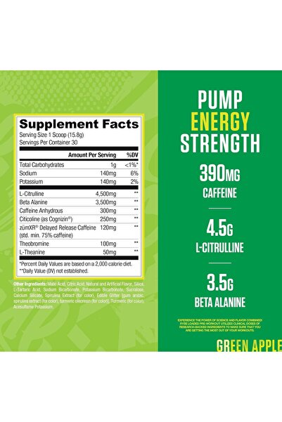 RYSE Up Supplements Loaded Pre-Workout Powder, 474 g, Sour Green Apple, 30 Servings