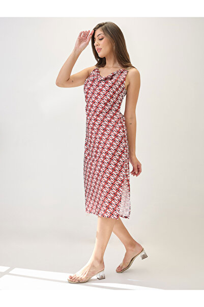 Globus By Styli Red Cowl Neck Side Slits Sheath Midi Dress