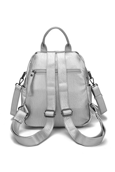 Hüvendo Barcelona Multi-Pocket Cover Detailed Casual Medium Size Women's Backpack Platinum