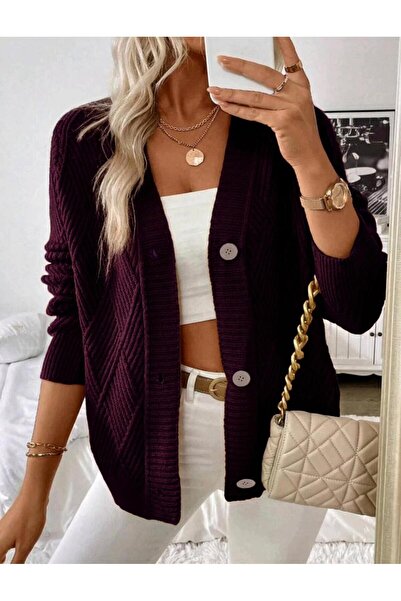 SolQ Baklava Patterned Buttoned Model Woven Detailed Long Sleeve Knitwear Cardigan