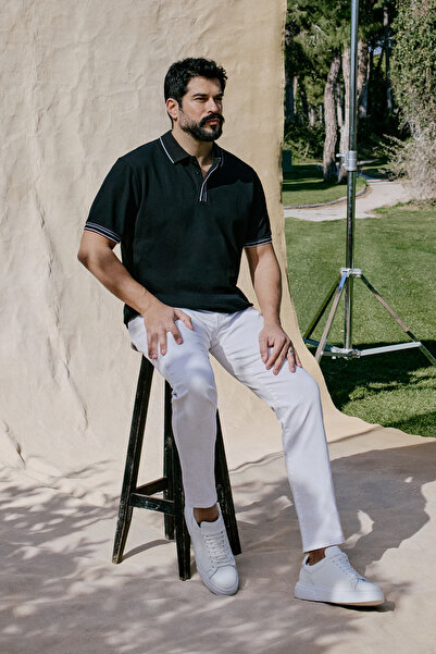 ALTINYILDIZ CLASSICS Men's Black 100% Cotton Slim Fit Slim Fit Polo Neck T-Shirt