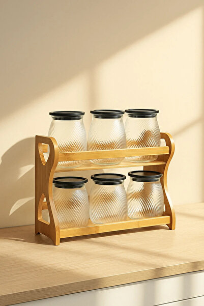 Urbanza 6 Swirl Glass Jars with Black Lids & Wooden Rack – Kitchen Spice Storage Organizer Set