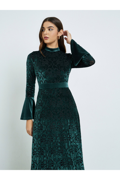 Styli Teal Velvet Look Long Sleeves A-Line Maxi Dress