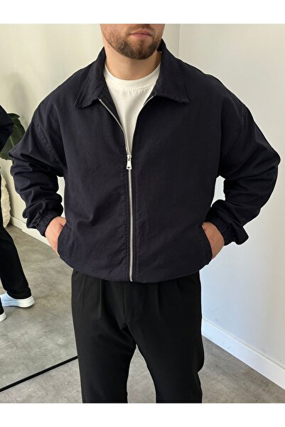 freemen Men's Basic Gabardine Fabric Zippered Oversized Transitional Polo Collar Navy Blue Jacket