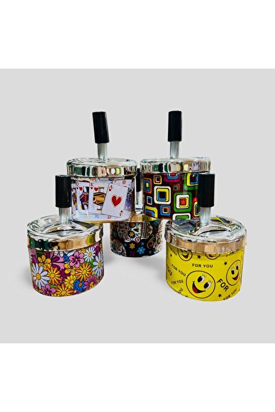 Kosova مطبوع طفاية سجائر معدنية بغطاء دوار – قطر 7.5 سم / نمط أنيق / آلية دوا...