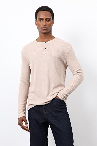 Antioch Beige Corded Fabric Button Collar T-Shirt
