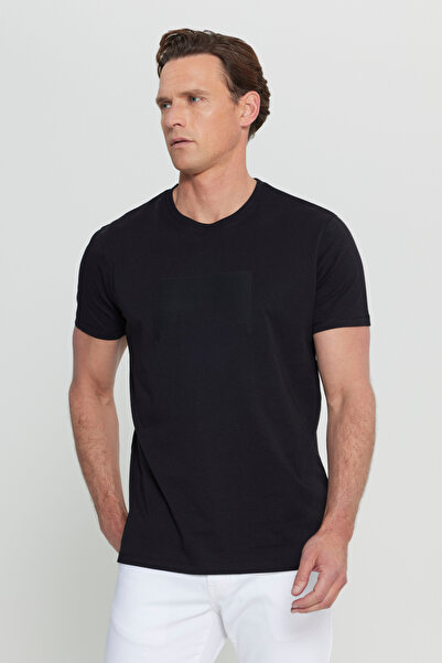 ALTINYILDIZ CLASSICS Men's Black Cotton Slim Fit Slim Fit Crew Neck Printed Stretchy T-Shirt