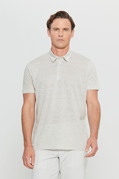 ALTINYILDIZ CLASSICS Men's Beige 100% Linen Slim Fit Slim Fit Polo Neck T-Shirt