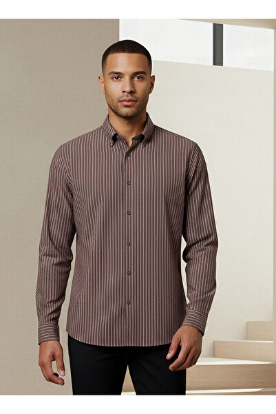 FAV قميص رجالي مخطط بأكمام طويلة وأزرار بقصة عادية