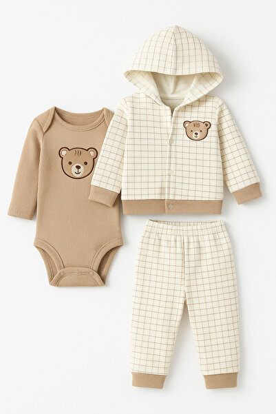 İZYALİF BABY Baby Boy 3-Piece Cardigan and Teddy Bear Set Cotton Long Sleeve