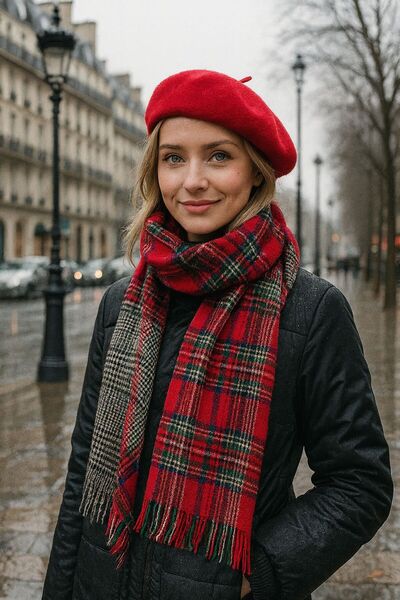 FELLMENS Red Houndstooth Double-Sided Scarf and French Painter Beret Set of 2