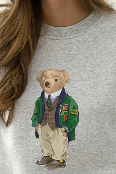 The Champ Clothing Жіночий сірий оверсайз-светр з принтом ведмедя - велосипедний комір, 3 нитки, шерстяний зимовий фасон