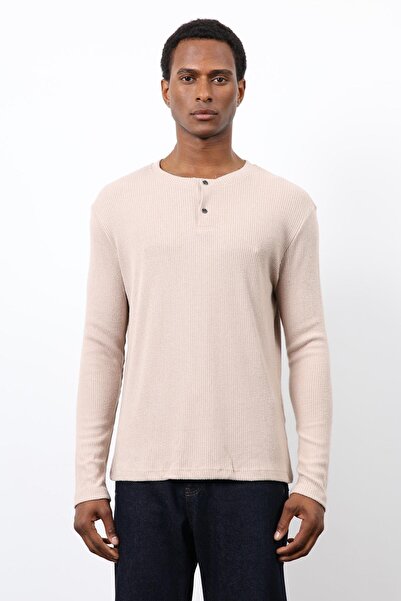 Antioch Beige Corded Fabric Button Collar T-Shirt