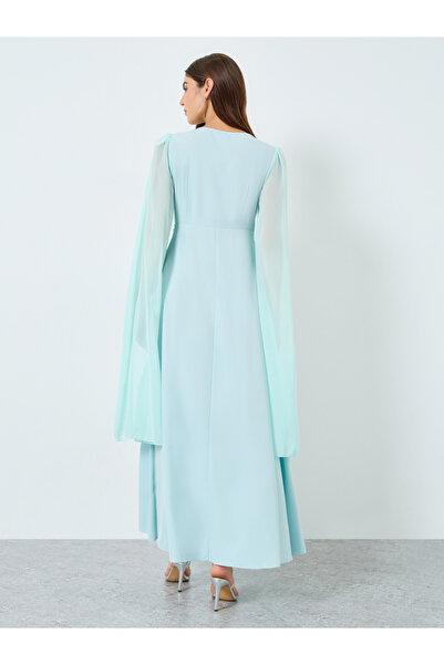 Take Two By Styli Teal Solid Pleated Cape Sleeve Maxi Dress