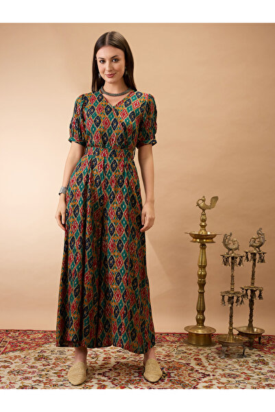 Globus By Styli Ethnic Motifs Print Flared Wide Leg Fusion Jumpsuit