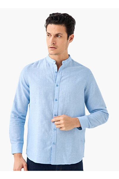 FAV Regular Fit Striped Linen Blend Shirt with Mandarin Collar
