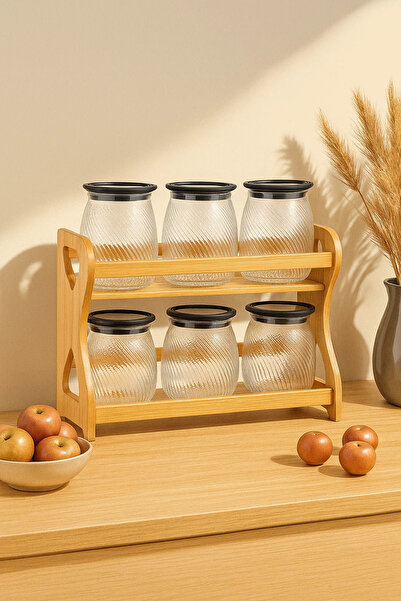 Urbanza 6 Swirl Glass Jars with Black Lids & Wooden Rack – Kitchen Spice Storage Organizer Set