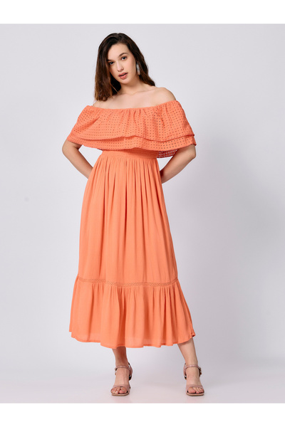 Outzidr By Styli Peach Off Shoulder Tiered Midi Dress