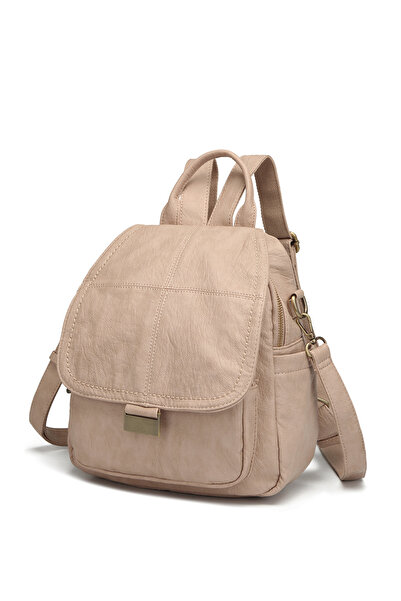 Hüvendo Barcelona Multi-Pocket Cover Detailed Casual Medium Size Women's Backpack Dark Beige
