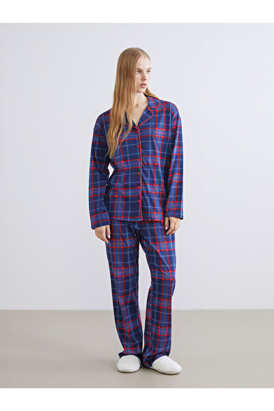 LC Waikiki Young Navy Blue Shirt Collar Plaid Women's Pajama Set