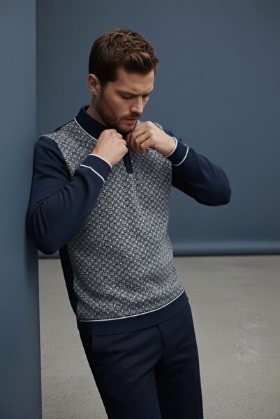 Sarar Πουλόβερ με γεωμετρικό σχέδιο με γιακά πόλο σε μπλε ναυτικό γκρι πλεκτό πουλόβερ