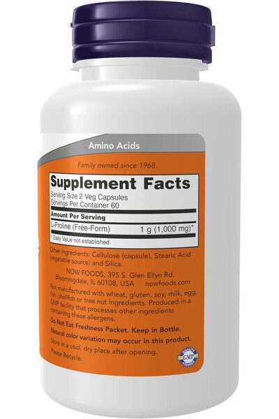 Now L-Proline 500 mg, 120 Vegetarian Capsules (Collagen Support)