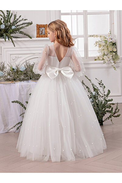 Take Two By Styli Faux Pearl Detail Bow Tie Deep V-Back Dress