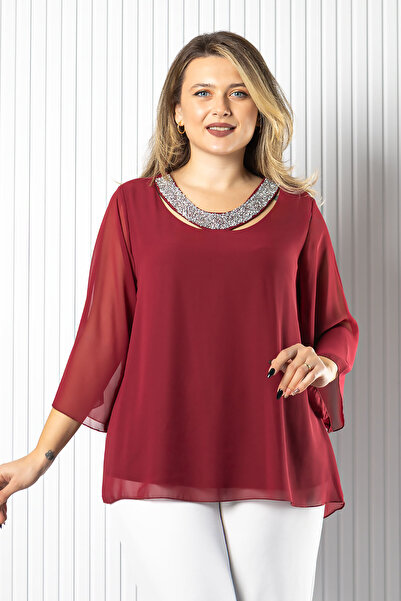 DENİMİNİ Şifon Yaka İşlemeli Büyük Beden Bluz DNM970