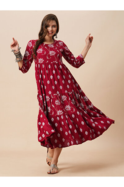 Globus By Styli Floral Ethnic Print Gathered Tiered Midi Dress