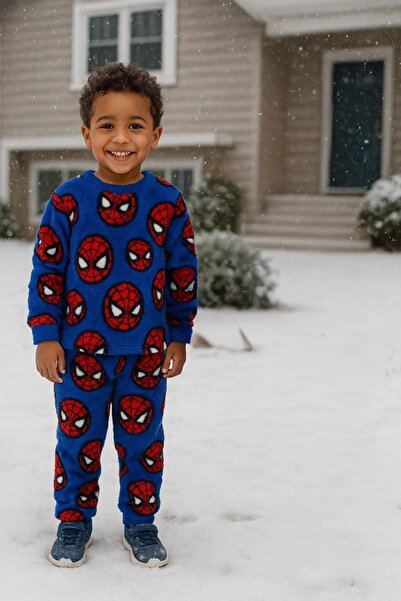 nazarbebe 2-5 Years Old Boy's Blue Patterned 3 Thread Fleece Set – Winter Home & Casual Set
