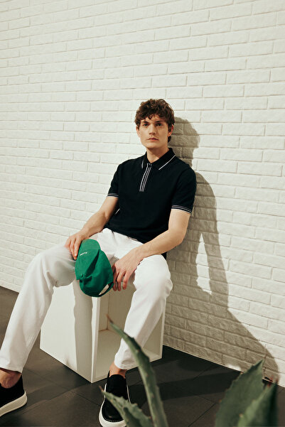 ALTINYILDIZ CLASSICS Men's Black 100% Cotton Slim Fit Slim Fit Polo Neck T-Shirt