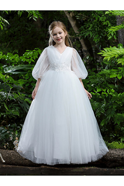 Take Two By Styli White Mesh Lace Detail Balloon Sleeve Dress