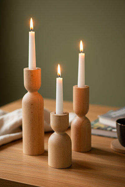 HAMUR Dekoratif 3’lü Ahşap Mumluk Set Modern Minimalist Doğal Şamdan Ofis Ev ...