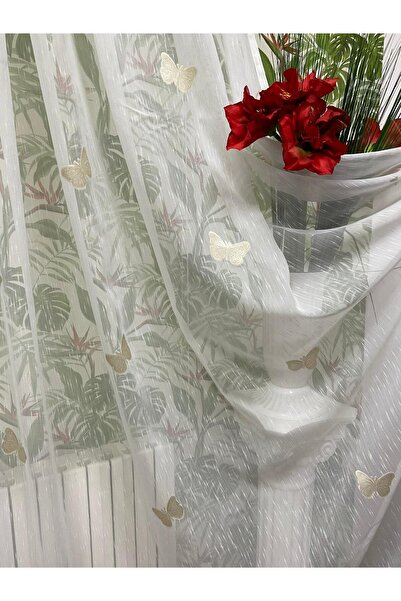Liz Line Embroidered curtain, white/cappuccino color, with drapery, from the "Papillon" collection PD04110