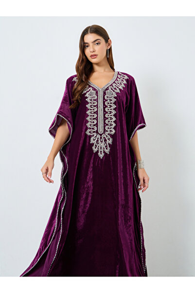 Maxim Creation By Styli Purple Velvet Look Embellished Jalabiya