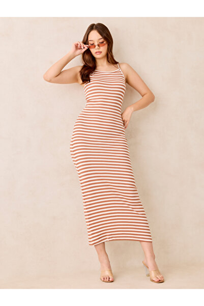 Outzidr By Styli Brown Ribbed Stripe Maxi Dress