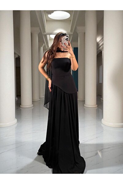 OLA Oriva Korseli Şifon Fular Detaylı Siyah Abiye Elbise