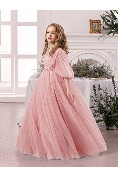 Take Two By Styli Pink Mesh Lace Detail Balloon Sleeve Dress