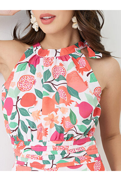 Globus By Styli Floral Fruit Print Pleated Detail Flared Fusion Jumpsuit