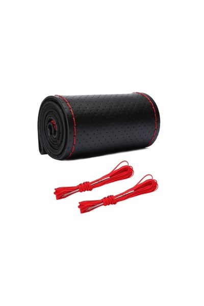 OEM Husa Volan Premium din Piele Naturala Neagra Perforata, cu Ac si Ata Rosie pentru Cusut marimea M
