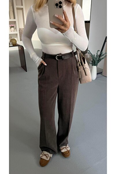 Sezgi Tekin Брюки з поясом, деталі з пілісе, кавовий колір, оксамит