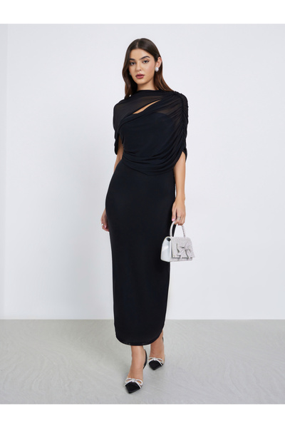 Styli Black Cape Sleeve Bodycon Midi Dress