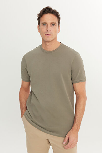 ALTINYILDIZ CLASSICS Men's Khaki 100% Cotton Slim Fit Slim Fit Crew Neck T-Shirt
